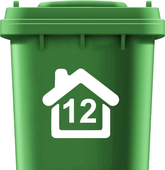 Groene kliko met groen deksel, wit huisicoon met cijfer 12.