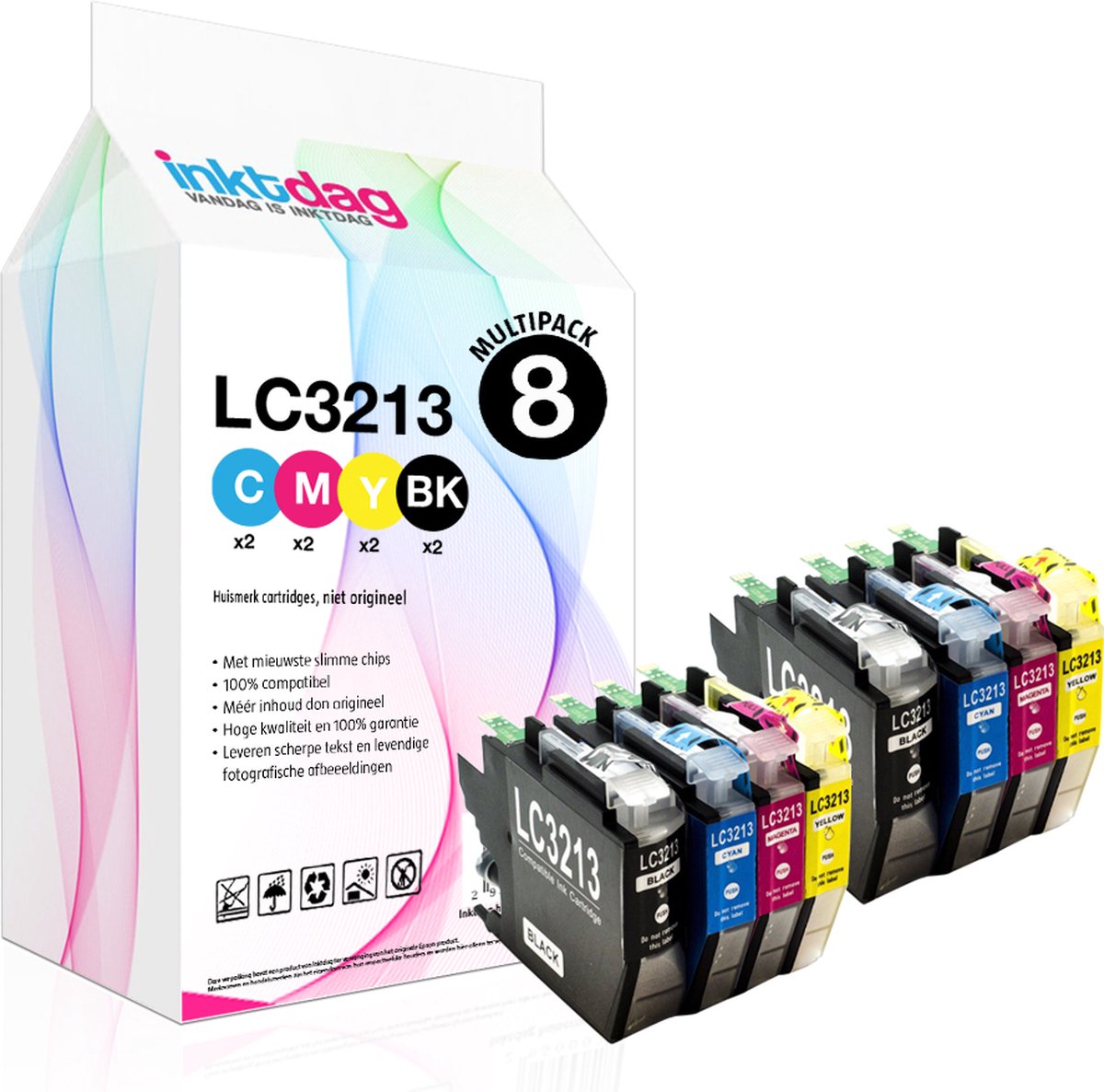 Inktdag inkcartridges geschikt voor Brother inktpatronen LC3213XL / LC3213 | Multipack van 8 inktcartridges voor Brother DCP J572DW, J772DW, J774DW, Brother MFC J491DW, J497DW, J890DW, MFC 895DW