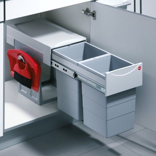 HAILO Tandem - Afvalemmer inbouw - 2x 15 Liter - Met aangebouwd Stoffer en Blik (kunststof)