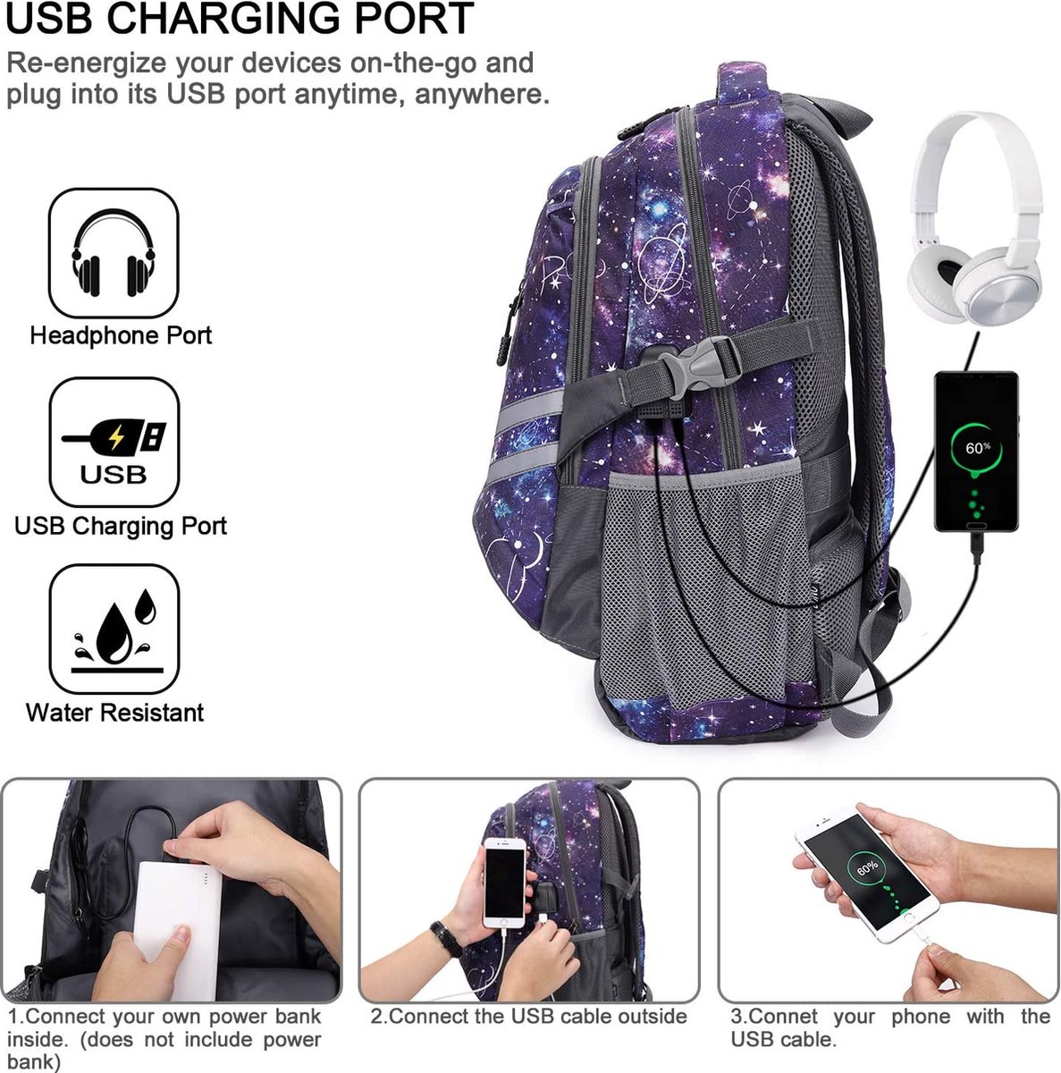 Schooltas Voor Meisjes en Jongens - Laptoprugzak 15,6 inch met USB-oplaadpoort Lichtgewicht 30L voor Tieners en Volwassenen – Galaxy Paars - vmca