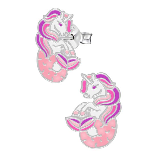 Oorbellen meisjes zilver | Eenhoorn oorbellen | Zilveren oorstekers, eenhoornzeemeermin met roze manen en staart
