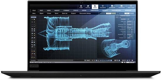 Lenovo laptop frontaal getoond met blauwe 3D-ontwerpsoftware op het scherm.