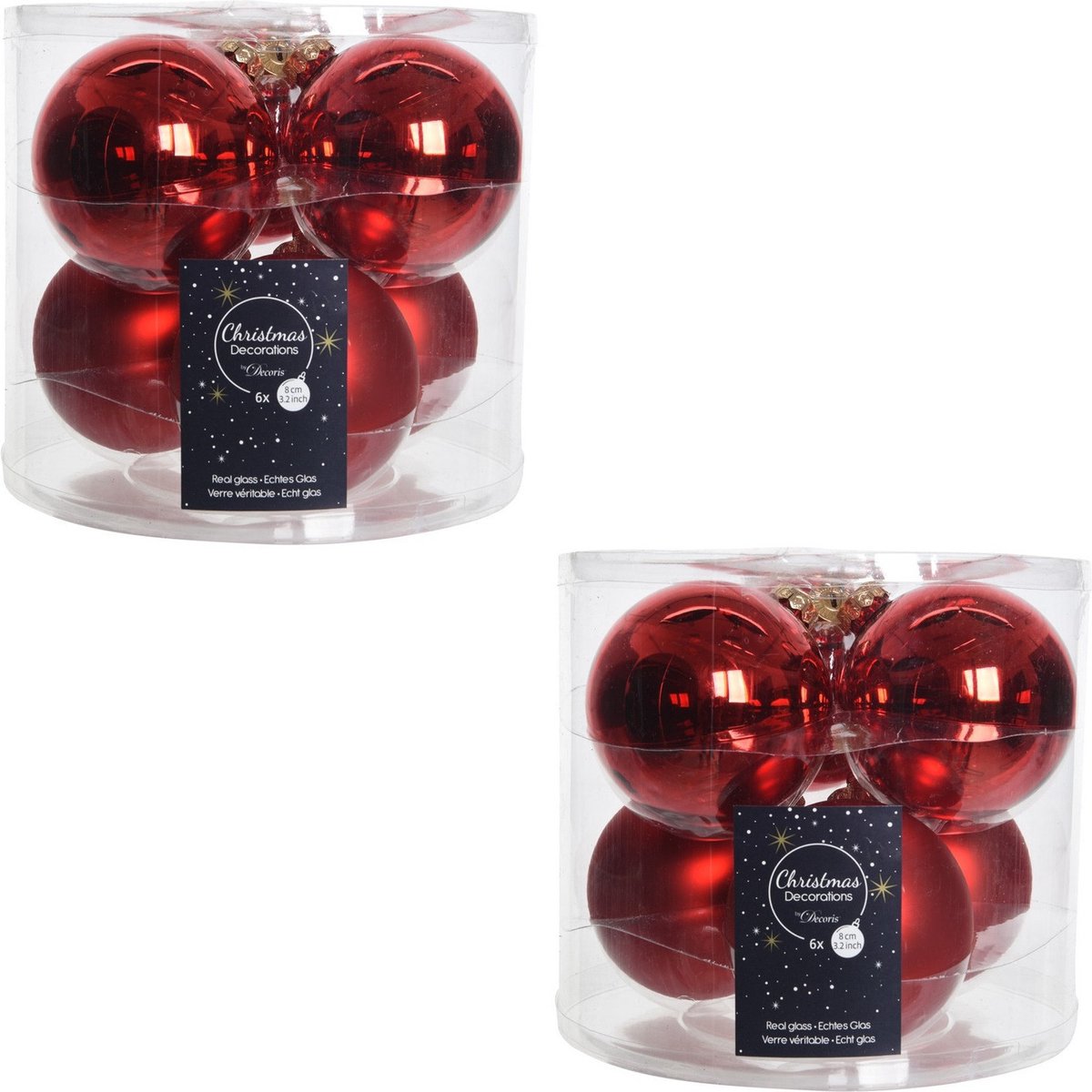 Decoris Kerstballen - 12x - rood - D8 cm - glas - glans en mat - Glans/glanzende - Kerstboomversiering kerst rood