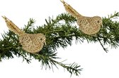 2x Kerstboomversiering glitter gouden vogeltjes op clip 12 cm - Kerstboom decoratie vogeltjes