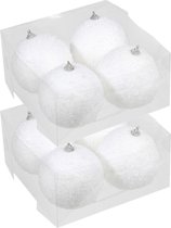 8x Kunststof kerstballen met sneeuw effect wit 10 cm - Witte sneeuw kerstballen 10 cm