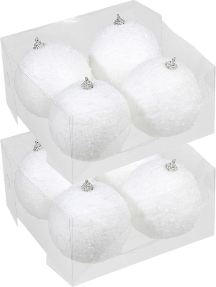 8x Kunststof kerstballen met sneeuw effect wit 10 cm - Witte sneeuw kerstballen 10 cm