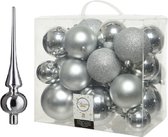 Kerstversiering kunststof kerstballen zilver 6-8-10 cm pakket van 27x stuks - Met glans glazen piek van 26 cm