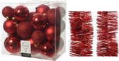 Décorations de Noël de Noël Boules de Noël en plastique 6-8-10 cm avec guirlandes en aluminium paquet rouge de 28x pièces - Décorations Décorations pour sapins de Noël