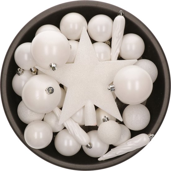 Décorations de Noël de Noël boules de Noël en plastique et pendentifs étoiles blanc hiver 5-6-8 cm paquet 39x pièces - Avec pic en forme d'étoile 19 cm