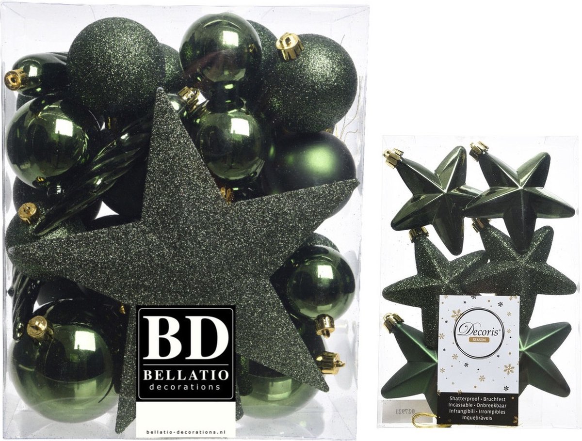 Kerstversiering kunststof kerstballen en hangers donkergroen 5-6-8 cm pakket van 39x stuks - Met ster vorm piek van 19 cm