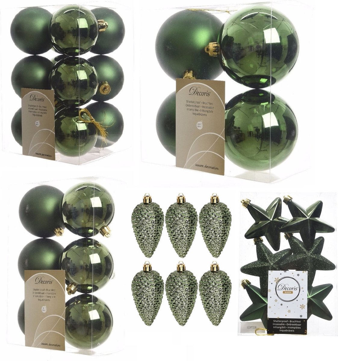 Kerstversiering kunststof kerstballen/hangers donkergroen 6-8-10 cm pakket van 68x stuks - Kerstboomversiering