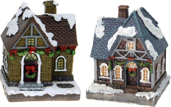 2x Kersthuisjes/kerstdorpje met verlichting 13 cm - Kerstdorpen maken accessoires