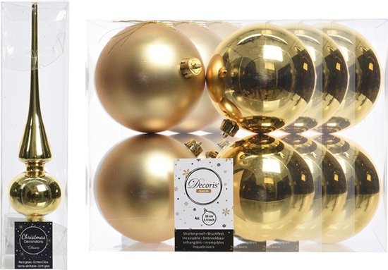 Set avec cimier doré et 12 boules de Noël incassables de 10 cm en finition brillante et mate.