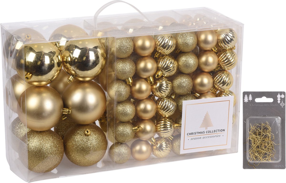94-Delige kerstboomversiering kunststof kerstballen set goud incl. 100x ophanghaakjes