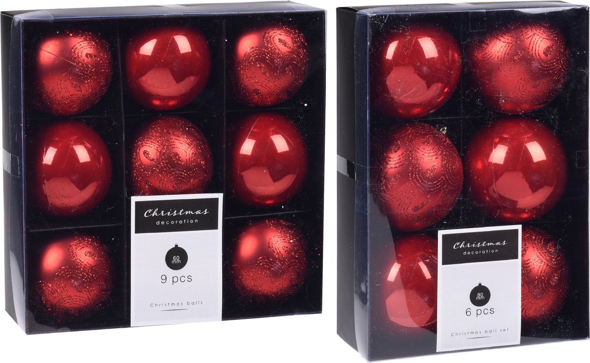 Kerstversiering kunststof kerstballen rood 6 en 8 cm pakket van 30x stuks - Kerstboomversiering - Luxe finish motief