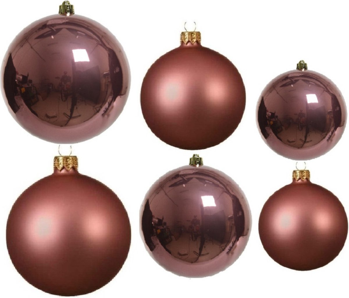Compleet glazen kerstballen pakket oudroze glans/mat 26x stuks - 10x 6 cm - 12x 8 cm - 4x 10 cm