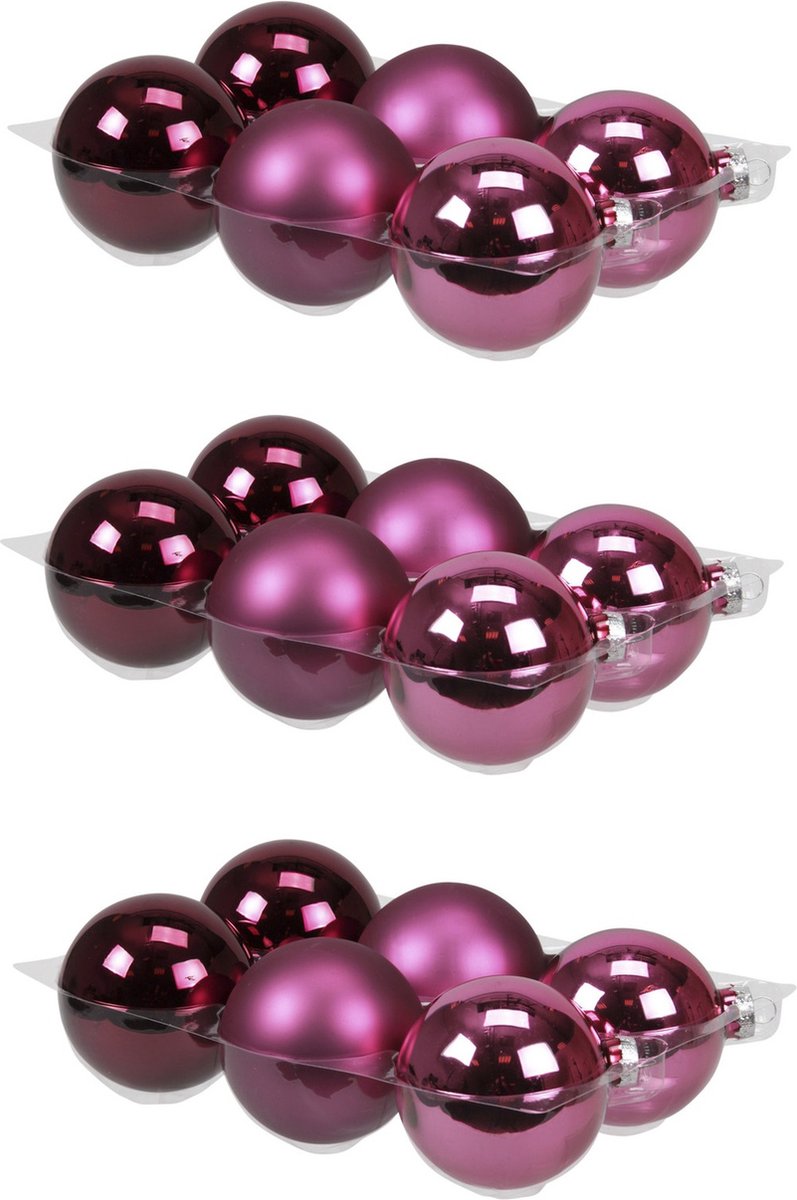 24x stuks kerstversiering kerstballen cherry roze (heather) van glas - 8 cm - mat/glans - Kerstboomversiering