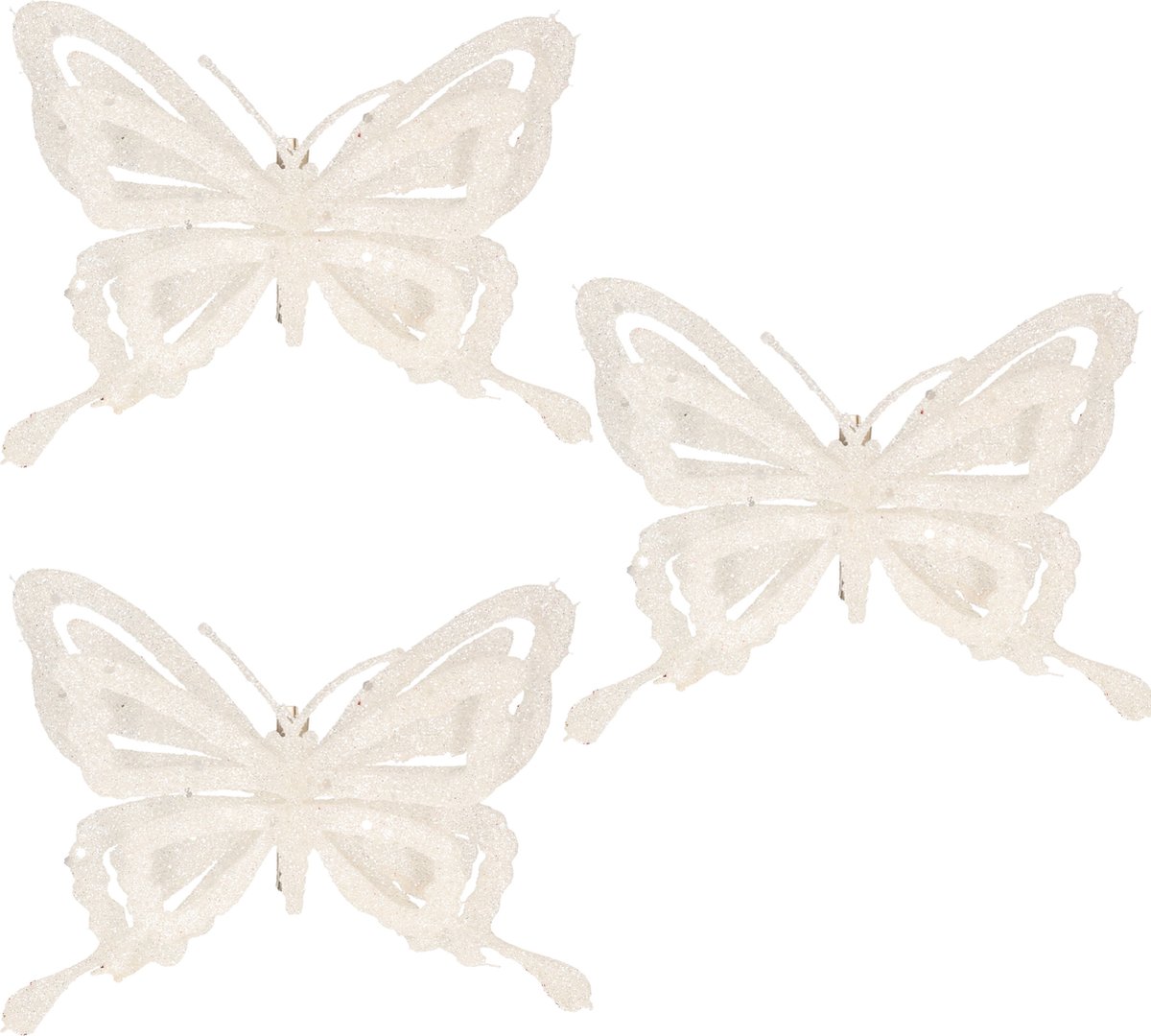 10x stuks decoratie vlinders op clip glitter wit 14 cm - Bruiloftversiering/kerstversiering decoratievlinders