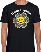 Jaren 60 Flower Power verkleed shirt zwart met psychedelische emoticon bloem heren - Sixties/ jaren 60 kleding XXL