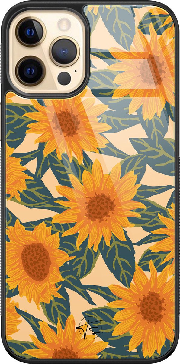 Hoesje geschikt voor iPhone 12 - Zonnebloemen - Luxe Hard Case - Bloemen - Oranje - Mooie Telefoonhoesjes