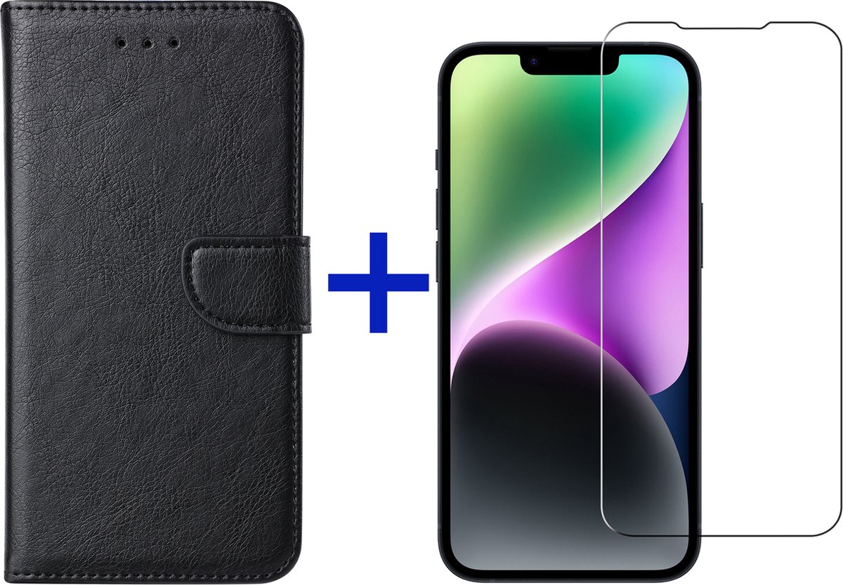 iPhone 14 hoesje bookcase met pasjeshouder + screenprotector voor iPhone 14 - Zwart