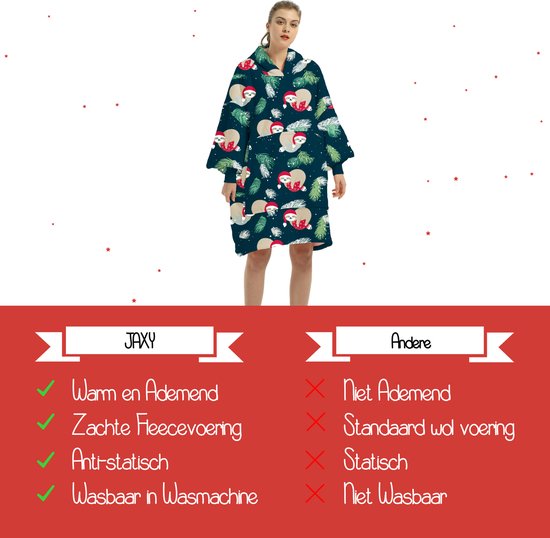 Een vrouw in een donkerblauwe hoodie deken met luiaards en kersttakken. Vergelijking JAXy met 'Andere' kenmerken.