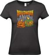 Dames T-shirt Halloween Pompoen met kaarsjes | Halloween kostuum kind dames heren | verkleedkleren meisje jongen | Zwart | maat M
