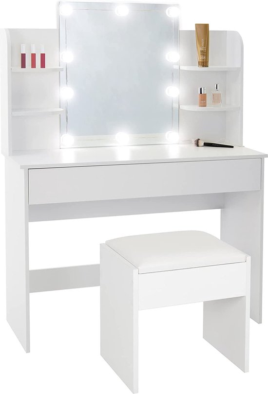 cosmetic table with mirror, LED lighting , 1 lade en 4 vakken MET GRATIS KRUKJE