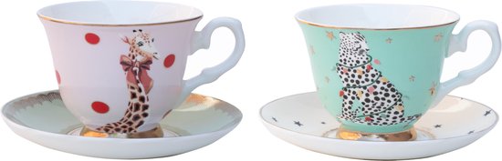 Yvonne Ellen London kerst - set/2 kop & schotel kerst - Giraffe & Cheetah - porselein - cadeauset - kerstservies