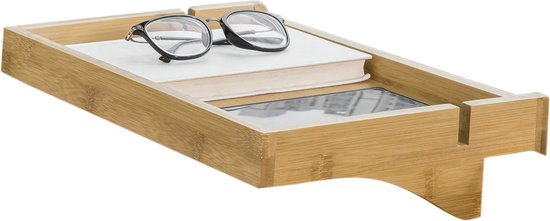 Relaxdays bedplankje, met ruimtebesparende organizer, glashouder 9 cm, van bamboe, nachtplank, natuurlijke kleur