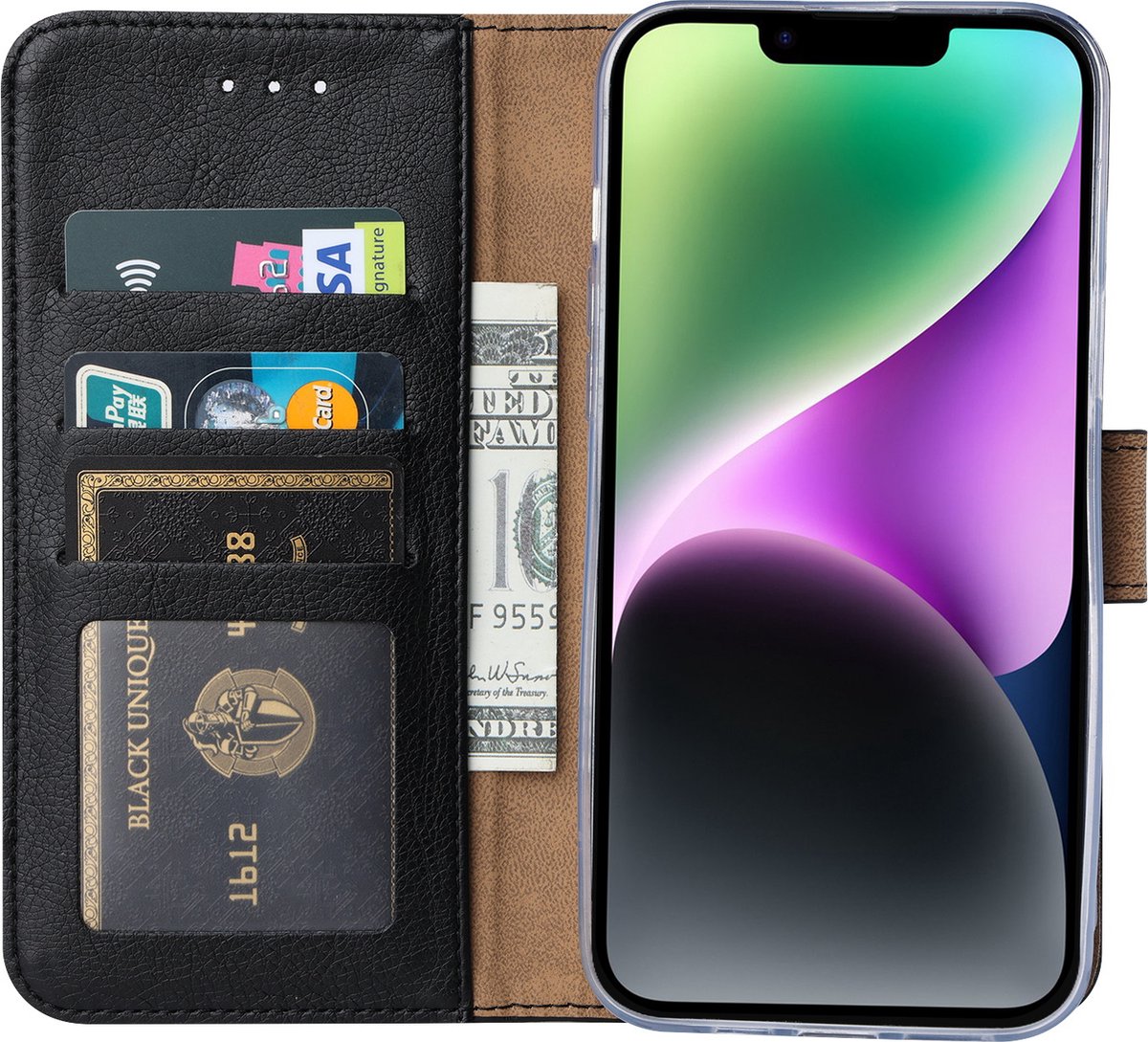 BixB bookcase iPhone 14 hoesje met pasjeshouder Wallet case booktype - Zwart