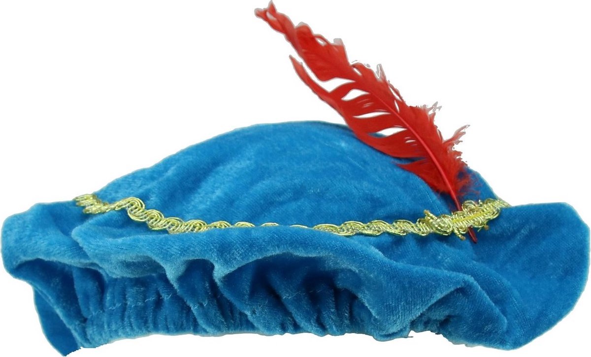 Pietenmuts met veer kinderen – baret blauw met rode veer – velours kwaliteit – one size – sinterklaas en piet verkleedaccessoire
