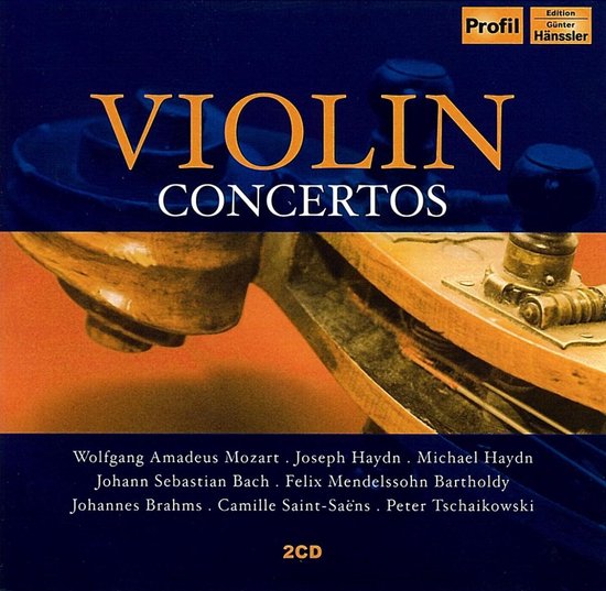 Albumhoes met de titel VIOLIN CONCERTOS, met een close-up van een viool. De titel staat in grote letters.