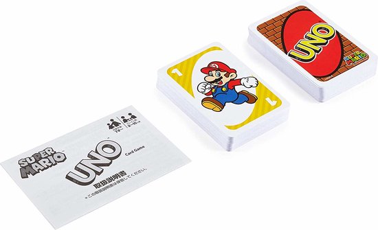 UNO Super Mario speelkaarten met Mario, spelregels en stapels kaarten.