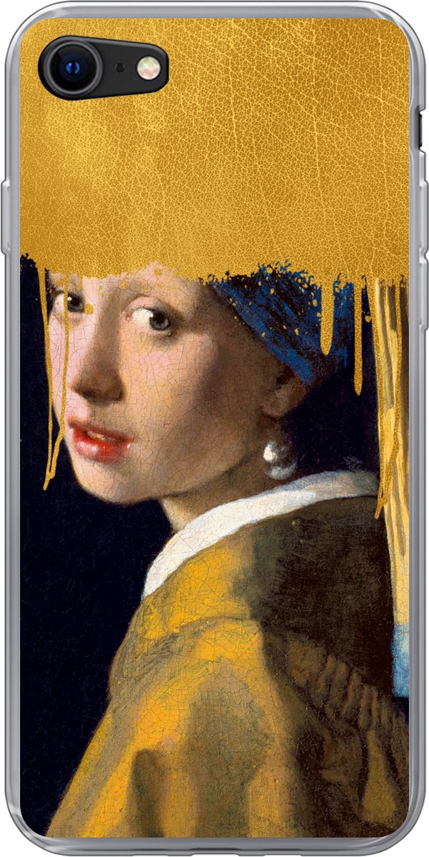 Telefoonhoesje Geschikt voor iPhone SE 2022 hoesje - Meisje met de Parel - Goud - Vermeer - Siliconen Telefoonhoesje Telefoonhoesje