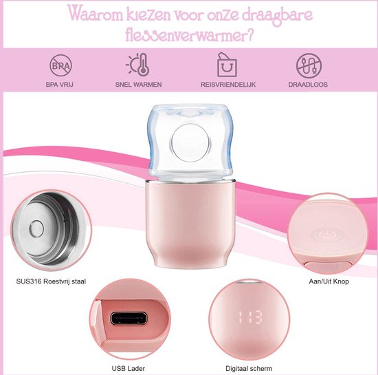 Trendosa Flessenwarmer Set – Draagbare Baby Flessenwarmer voor Onderweg- Incl speendoosje& adapter ring- Roze