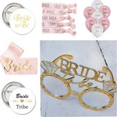 30-delige Vrijgezellenfeest set Team Bride wit met roze en goud met bril, sjerp, armbanden, ballonnen en buttons