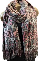 Dames lange sjaal warm met panterprint grijs-roze