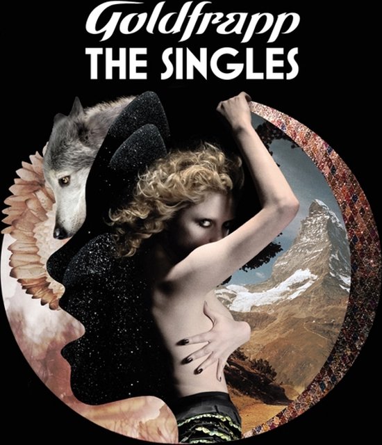 Goldfrapp THE SINGLES albumhoes met een vrouw, wolf en berglandschap.