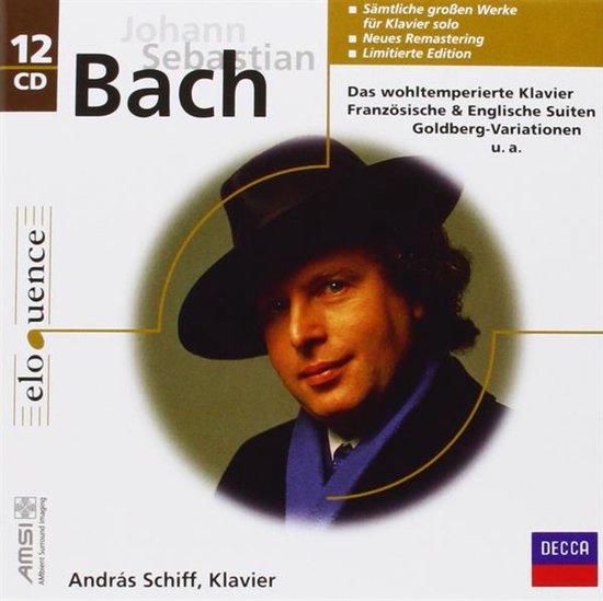 Boek met 12 CD's van Johann Sebastian Bach, met een portret van pianist András Schiff met een hoed en sjaal.