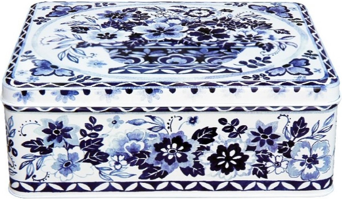 Bewaarblik Blauw-wit - Bloemen - Nostalgie - Blik - Rechthoek - 20 x 15 x 8 cm