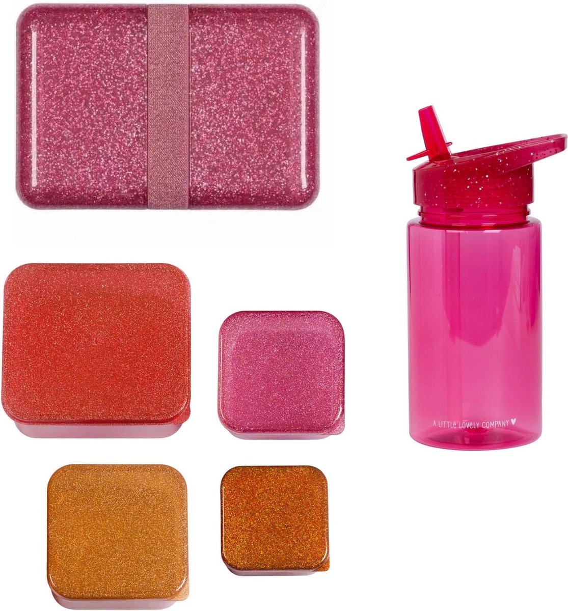 Back to school set - Drinkfles / 4 Snackdozen / Lunchbox - Glitter roze - A Little lovely company