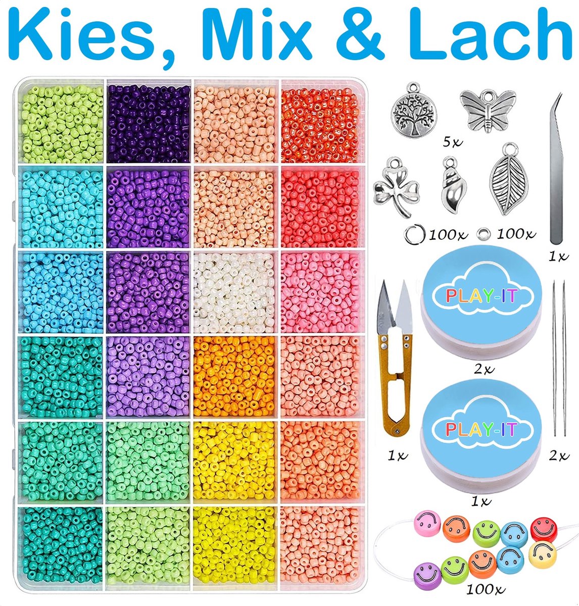 PLAY IT Kralen set XXL - 21000 stuks 2.5mm - Incl. 100 Smileys - PLAY-IT