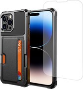 Geschikt voor iPhone 14 Pasjes Houder Hoesje + Screenprotector – Gehard Glas Cover - Magnetisch Portemonnee Hoesje - Zwart