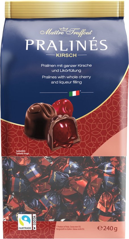 Chocolat noir praliné aux cerises et liqueur 4% vol. 240g