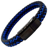 Rhylane – Gevlochten Heren Armband - Leer & Staal – Zwart / Blauw – Maat XL/XXL (23 cm)