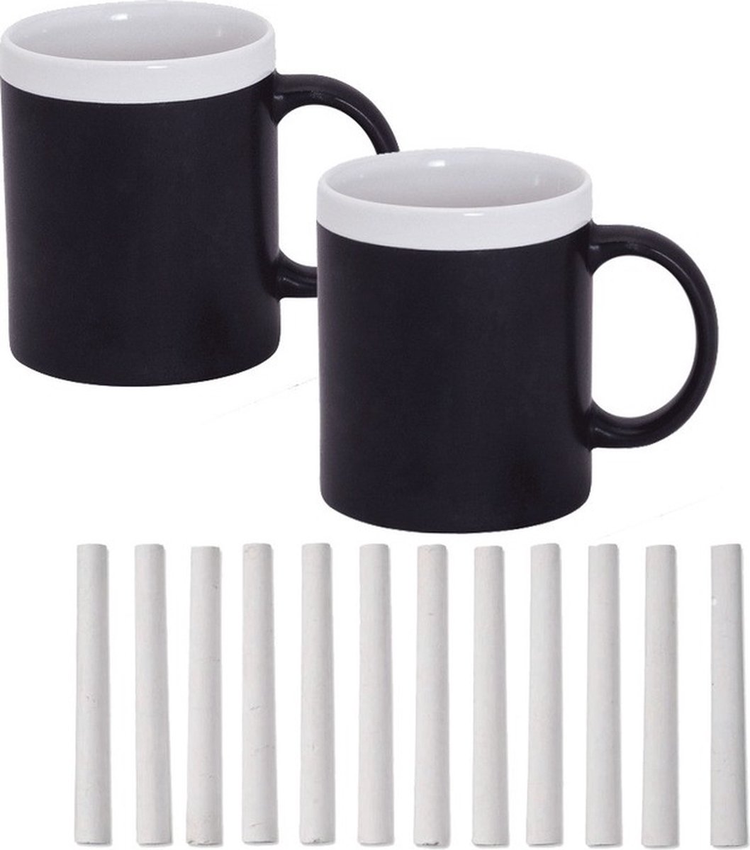 Set van 2x Krijt Koffie/Thee Mokken - wit - met pakje krijt