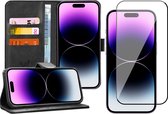Hoesje geschikt voor iPhone 14 Pro - Book Case Leer Wallet Cover Portemonnee Pasjeshouder Hoes Zwart - Full Tempered Glass Screenprotector
