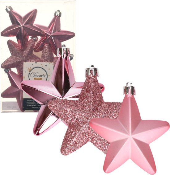 6x stuks kerstornamenten kunststof sterren kerstballen lippenstift roze 7 cm