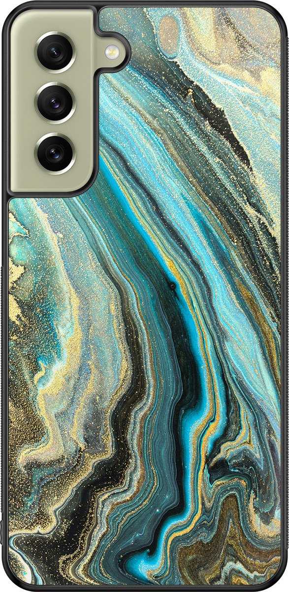 Leuke Telefoonhoesjes - Hoesje geschikt voor Samsung Galaxy S21 FE - Marmer mint - Backcover zwart - Marmer - Blauw